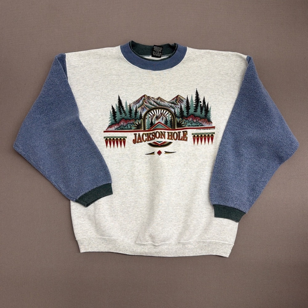 Vintage HL Miller Gold Jackson Hole Wyoming Sweatshirt Mens Large Gray Blue 1995
